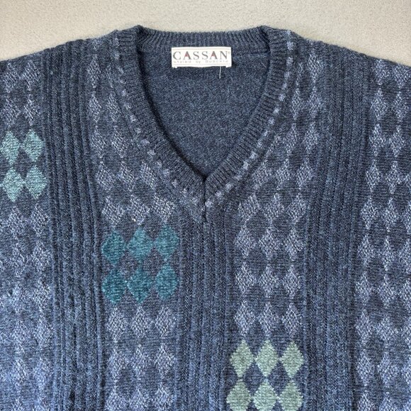 VTG Cassan Bueckle Sweater Mens L Blue Argyle Diamond Knit Pullover Grandpa 90s - Picture 2 of 15